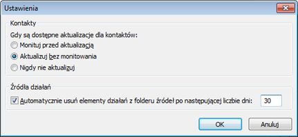 Okno dialogowe Ustawienia dodatku Outlook Social Connector