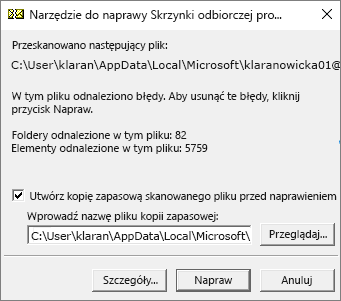 Wyświetla wyniki skanowania pliku danych pst programu Outlook przez narzędzie do naprawy Skrzynki odbiorczej firmy Microsoft (SCANPST. EXE).