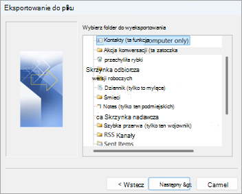 Zrzut ekranu w klasycznym programie Outlook z zaznaczoną opcją Eksportuj kontakty (tylko ten komputer)