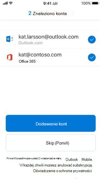 Przedstawia ekran programu Outlook z dwoma adresami e-mail na liście — jeden to wiadomość e-mail programu Outlook, a drugi nie.