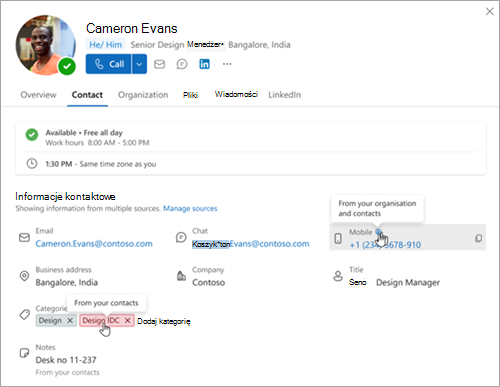 Zrzut ekranu przedstawiający źródło danych wyświetlanych na połączonej wizytówce w programie Outlook