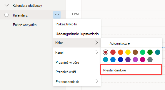 Niestandardowe zaznaczanie kolorów w aplikacji Outlook Web Calendar