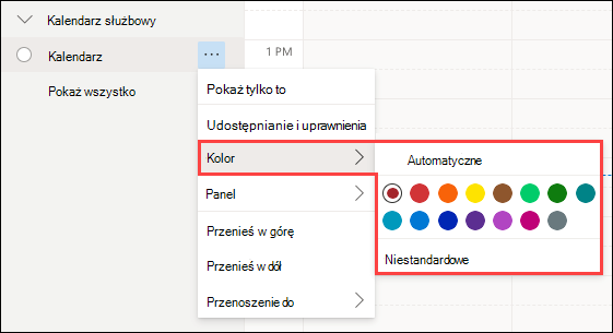 Wybór koloru Calendar w aplikacji Outlook Web Calendar