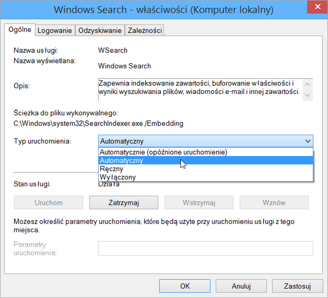Zrzut ekranu przedstawiający okno dialogowe Właściwości usługi Windows Search z ustawieniem Automatycznie wybranym dla typu uruchamiania.