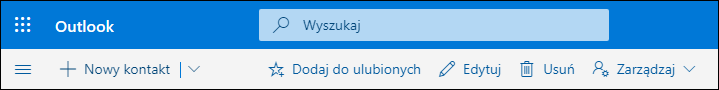 Zrzut ekranu przedstawiający opcje dostępne na pasku poleceń Kontakty, takie jak Nowy kontakt, Edytuj, Usuń, Dodaj do ulubionych i Zarządzaj.