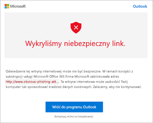 Zrzut ekranu przedstawiający ekran ostrzeżenia o niebezpiecznym linku
