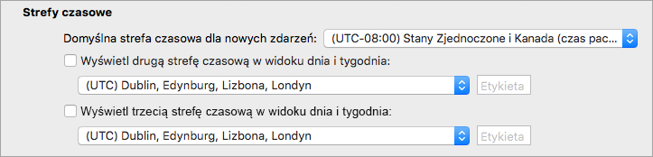 Pokazuje drugą i trzecią strefę czasową w preferencjach Calendar