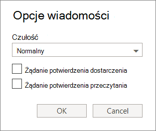 Zrzut ekranu przedstawiający okno dialogowe Opcje wiadomości z opcjami ustawiania poziomu poufności i żądania potwierdzenia dostarczenia lub przeczytania.