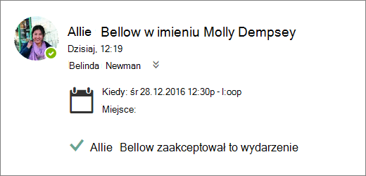 Zrzut ekranu przedstawiający zaproszenie na spotkanie zaakceptowane przez pełnomocnika.