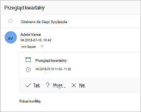 Zrzut ekranu przedstawiający zaproszenie na spotkanie wysłane do pełnomocnika