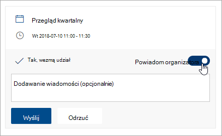 Zrzut ekranu przedstawiający przełącznik Powiadomienia organizatora