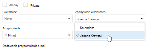 Zrzut ekranu przedstawiający menu Zapisz w kalendarzu.