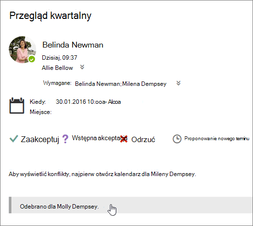 Zrzut ekranu przedstawiający zaproszenie na spotkanie wysłane do kalendarza udostępnionego.