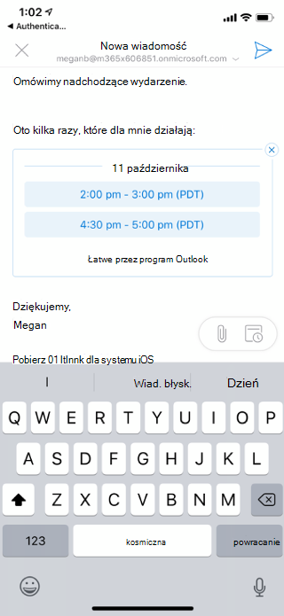 Pokazuje ekran systemu iOS z dostępnymi godzinami wymienionymi w wersji roboczej wiadomości e-mail W lewym górnym rogu znajduje się &; X" Przycisk.