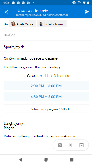 Przedstawia ekran systemu Android z wersjami roboczymi wiadomości e-mail z sugerowanymi godzinami. Jest &cytat; X" w lewym górnym rogu.