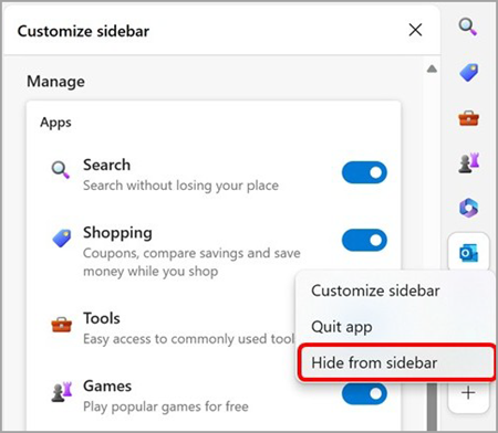Usuń program Outlook z paska bocznego przeglądarki Microsoft Edge.