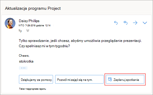 Zrzut ekranu przedstawiający sugerowaną odpowiedź na zaplanowanie spotkania