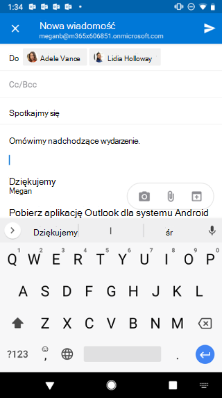 Przedstawia ekran systemu Android z wersjami roboczymi wiadomości e-mail. Poniżej wiadomości znajdują się trzy przyciski: Aparat, Załącznik i Calendar.