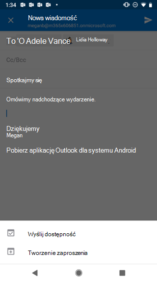 Przedstawia ekran systemu Android z wyszarzonym tekstem roboczym wiadomości e-mail i &; Wyślij&dostępności; poniżej tego przycisku.