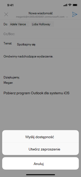 Przedstawia ekran systemu iOS z wyszarzone wersje robocze wiadomości e-mail i " Wyślij&dostępności; poniżej wersji roboczej.
