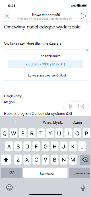 Wyświetla wersję roboczą wiadomości e-mail na ekranie systemu iOS. W wiadomości e-mail jest wyświetlana data i godzina udostępnienia nadawcy.