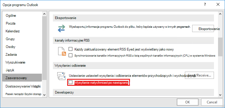 Opcja Wyślij/Odbierz w programie Outlook