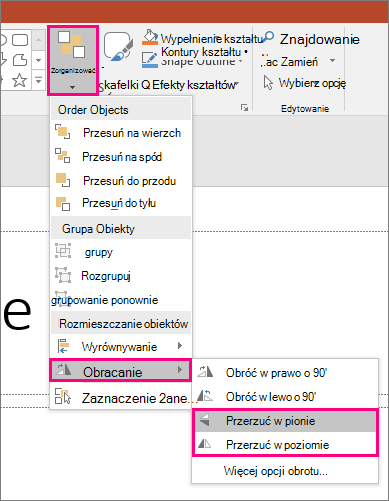 Przedstawia opcje Rozmieść > przerzucanie obracania > w programie PowerPoint.