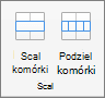 Zrzut ekranu przedstawiający grupę Scal dostępną na karcie Układ tabeli z opcjami Scal komórki i Podziel komórki.
