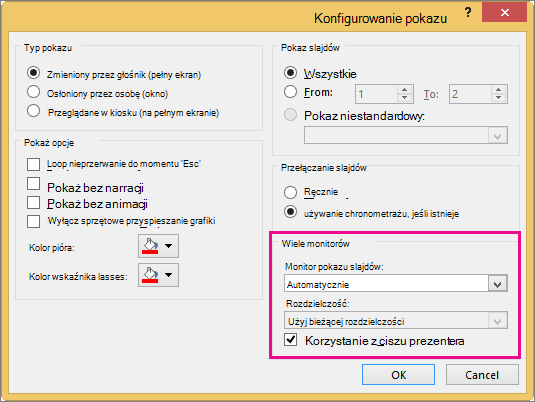 Opcje monitora w oknie dialogowym Przygotowywanie pokazu