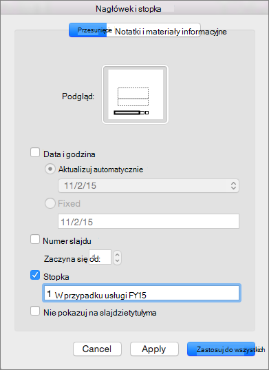 Pole wyboru Stopka na karcie Slajd w polu Nagłówek & stopka