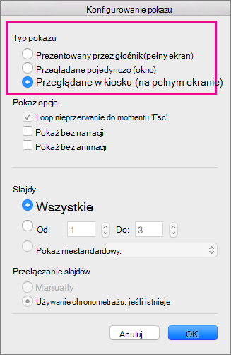 Opcje typu pokazu