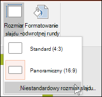 Na karcie Wstążki Projektowanie wybierz pozycję Rozmiar slajdu, a następnie wybierz pozycję Niestandardowy rozmiar slajdów.