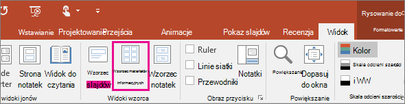 Zrzut ekranu przedstawiający widok wzorca materiałów informacyjnych w programie PowerPoint