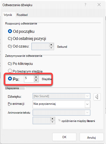 Możesz określić liczbę slajdów, na których klip audio będzie odtwarzany.