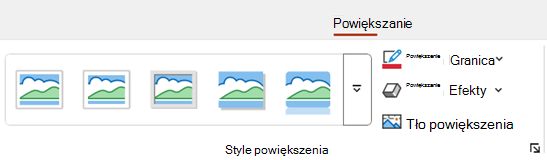 Karta Powiększenie na wstążce w programie PowerPoint zawiera opcje formatowania, takie jak obramowanie i tło.