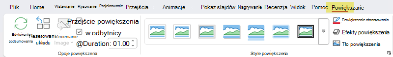 Karta Powiększenie na wstążce w programie PowerPoint.