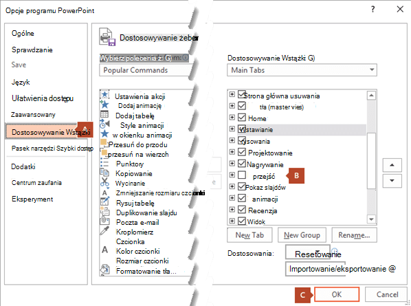Karta Dostosowywanie wstążki w oknie dialogowym Opcje programu PowerPoint 2016 zawiera opcję dodania karty Nagrywanie do wstążki programu PowerPoint.
