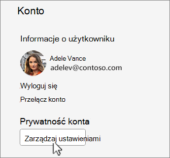 Okno dialogowe Konta z wyświetlonym przyciskiem Zarządzaj ustawieniami.