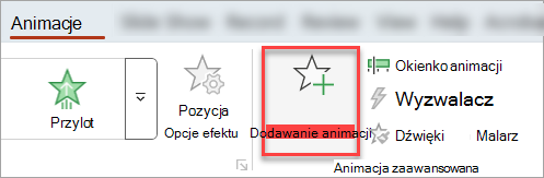 Przycisk Dodaj animację na karcie Animacje.