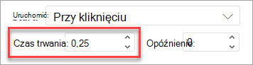 Pole Czas trwania podczas stosowania animacji w PowerPoint w sieci Web.