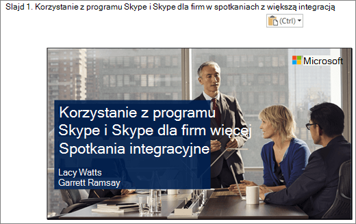 Wycinek ekranu przedstawiający nowy dokument Word przedstawiający slajd 1 z tytułem slajdu, Slajd pokazany na obrazie zawiera tytuł slajdu, nazwiska osób prowadzących oraz obraz tła osób biznesowych wokół tabeli konferencyjnej.