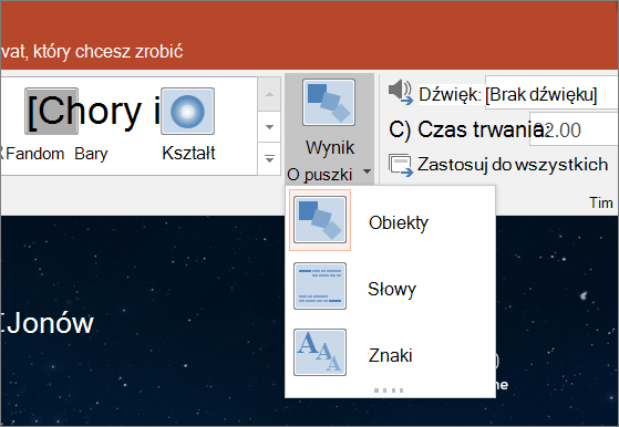 Pokazuje opcje efektów przejścia dla przejścia Płynna zmiana w programie PowerPoint 2016