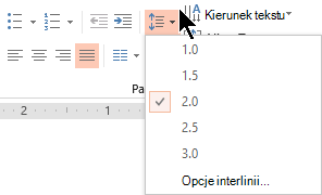 Opcje menu Interlinia na wstążce umożliwiają wybranie pojedynczych odstępów, podwójnych odstępów lub innych opcji interlinii pionowej.