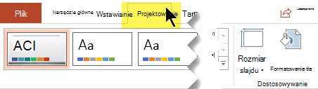 Wybierz kartę Projektowanie na pasku narzędzi wstążki. Przycisk menu Rozmiar slajdu przy prawej krawędzi zawiera kontrolkę orientacji slajdów.