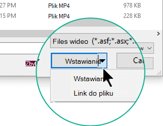 W oknie dialogowym Wstawianie wideo wybierz pozycję Wstaw (co oznacza osadzanie) lub Połącz z plikiem.