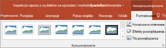 Przedstawia różne style i efekty powiększenia, które można wybrać na karcie Formatowanie w programie PowerPoint.