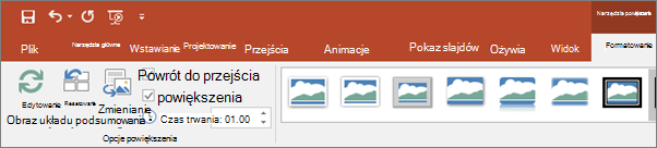Przedstawia obszar Narzędzia powiększenia na karcie Formatowanie wstążki w programie PowerPoint.
