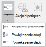 Przedstawia różne typy powiększeń, które można wybrać po przejściu do pozycji Wstaw > powiększenie: Powiększenie z podsumowaniem, Powiększenie slajdu i Powiększenie sekcji.