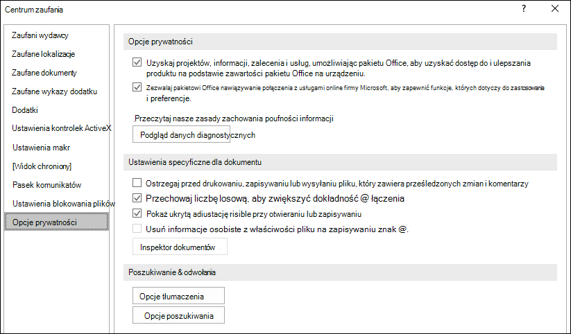 Opcje prywatności Centrum zaufania pakietu Office