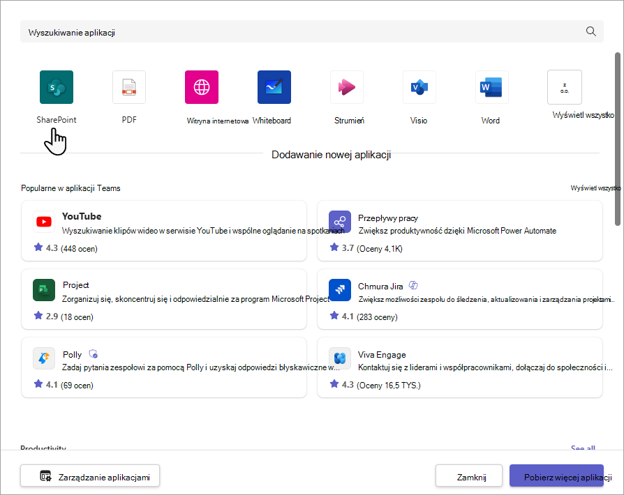 Okno dialogowe Dodawanie karty programu SharePoint.